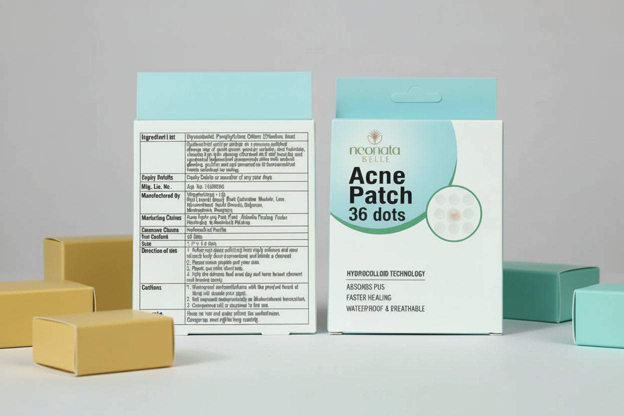 Neovita acne patch packaging with ingredients list on a gray background