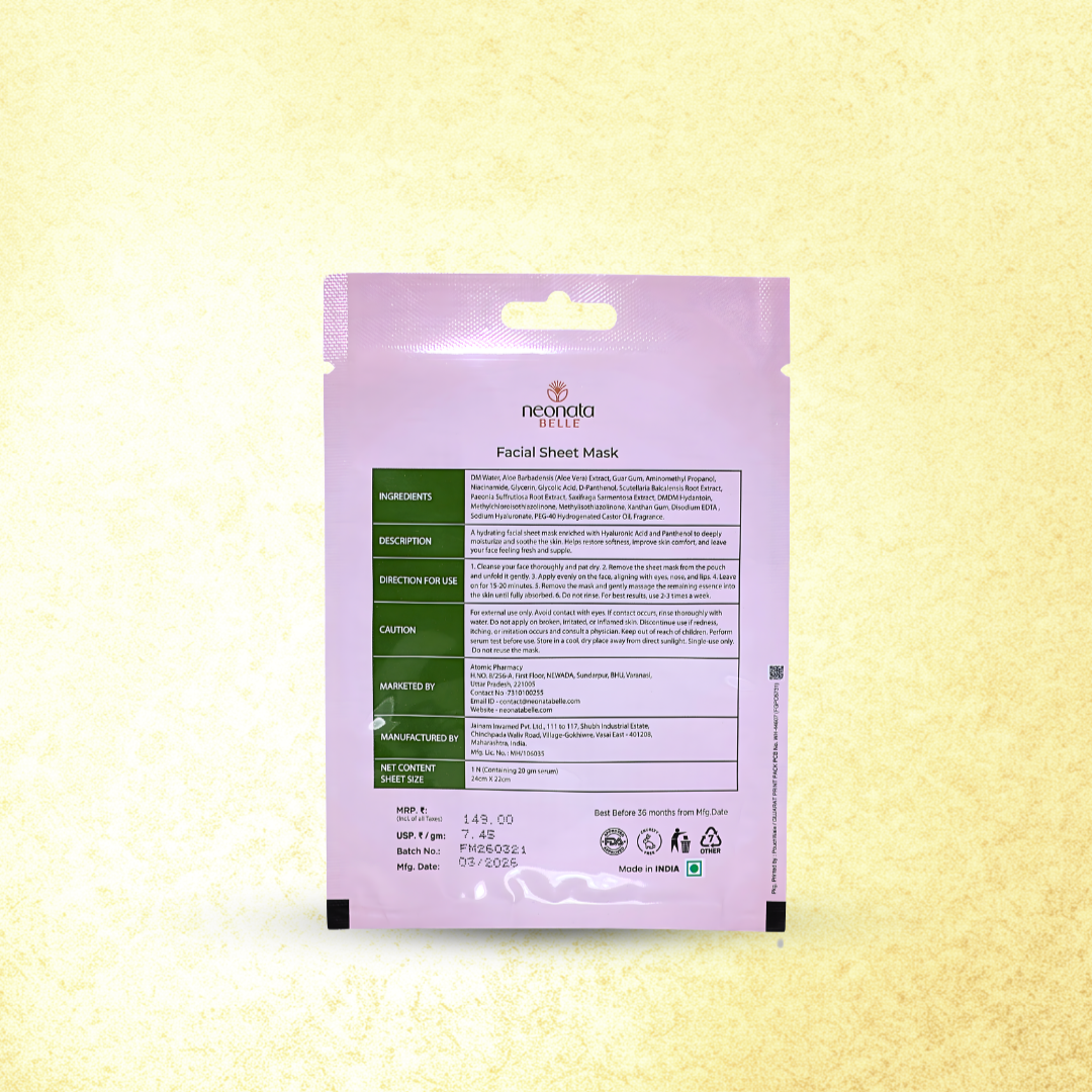 Neonata Belle Hyaluronic Tencel Sheet Mask | Intense Hydration & Plumping Face Mask for Dry and Dehydrated Skin