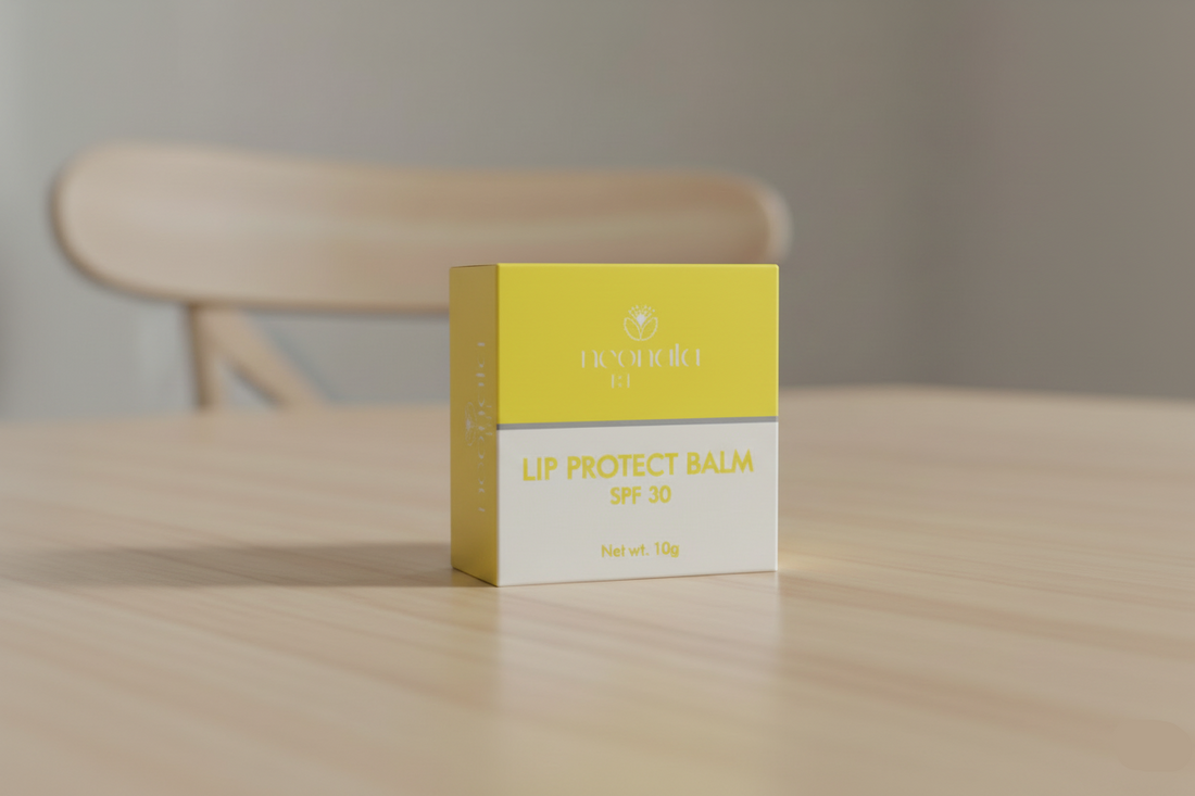 Lip protect balm packaging on a wooden table with a blurred background