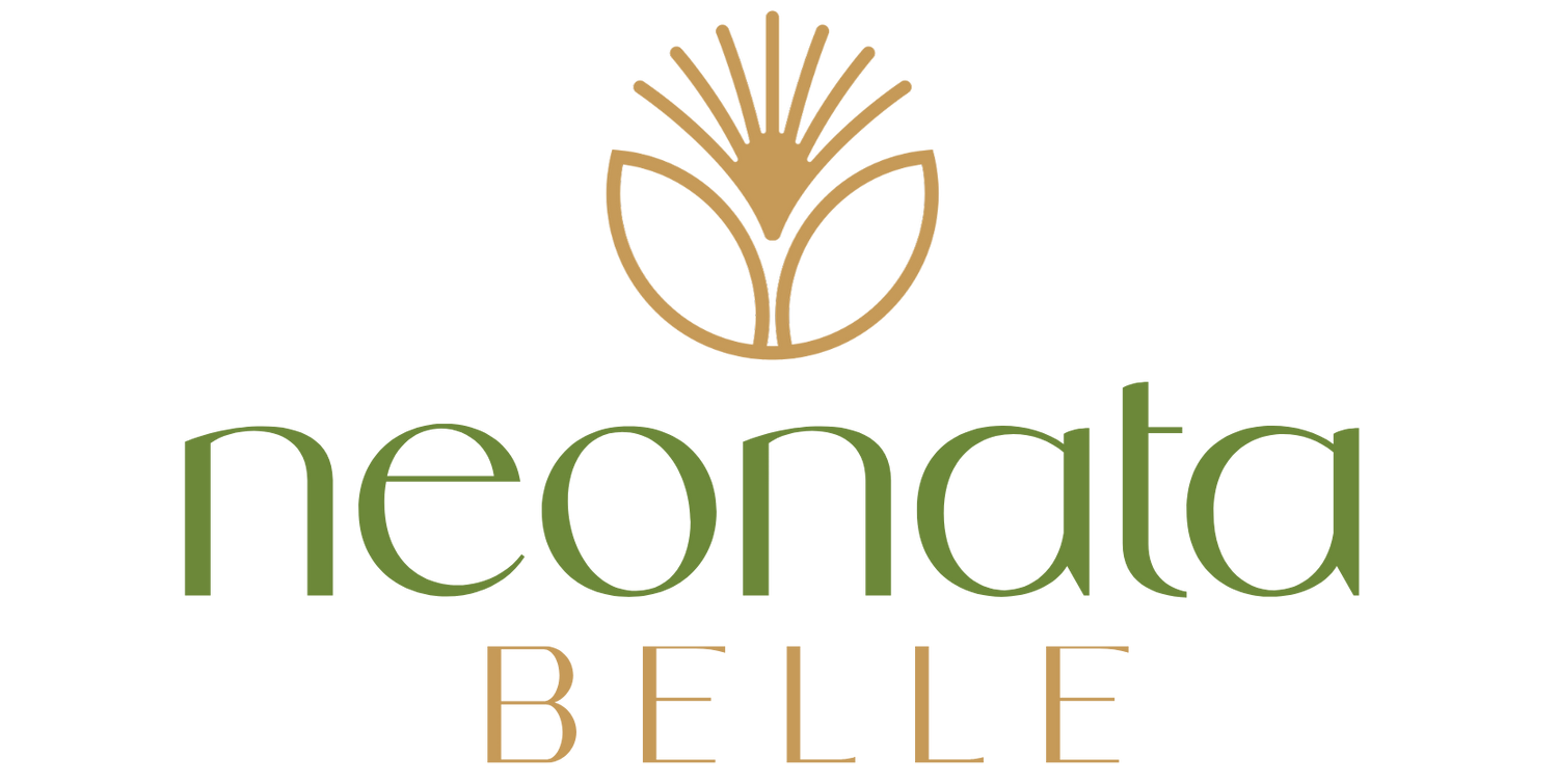 Logo of neonata belle with a stylized leaf design on a white background