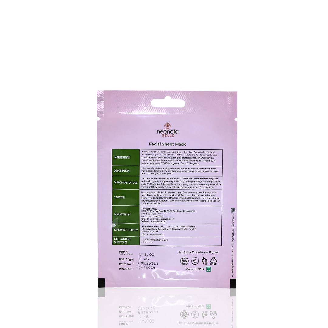 Neonata Belle Hyaluronic Tencel Sheet Mask | Intense Hydration & Plumping Face Mask for Dry and Dehydrated Skin