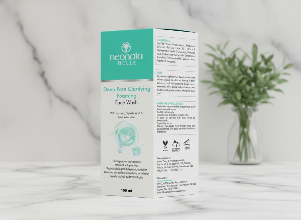 Neocnala Belle face wash box on a marble surface with a plant in the background